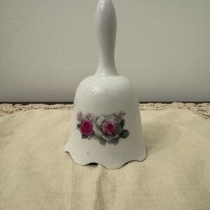 White Porcelain Hand Bell with Pink Rose Motif